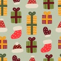 Seamless pattern with cartoon presents, soÃÂk, hat, decor elements. Colorful vector flat for kids. hand drawing.